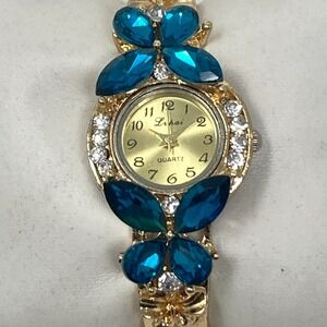 Lupai Watch Women Rose Gold Tone Blue Crystal Bling 26mm Cuff New Battery 6.25"